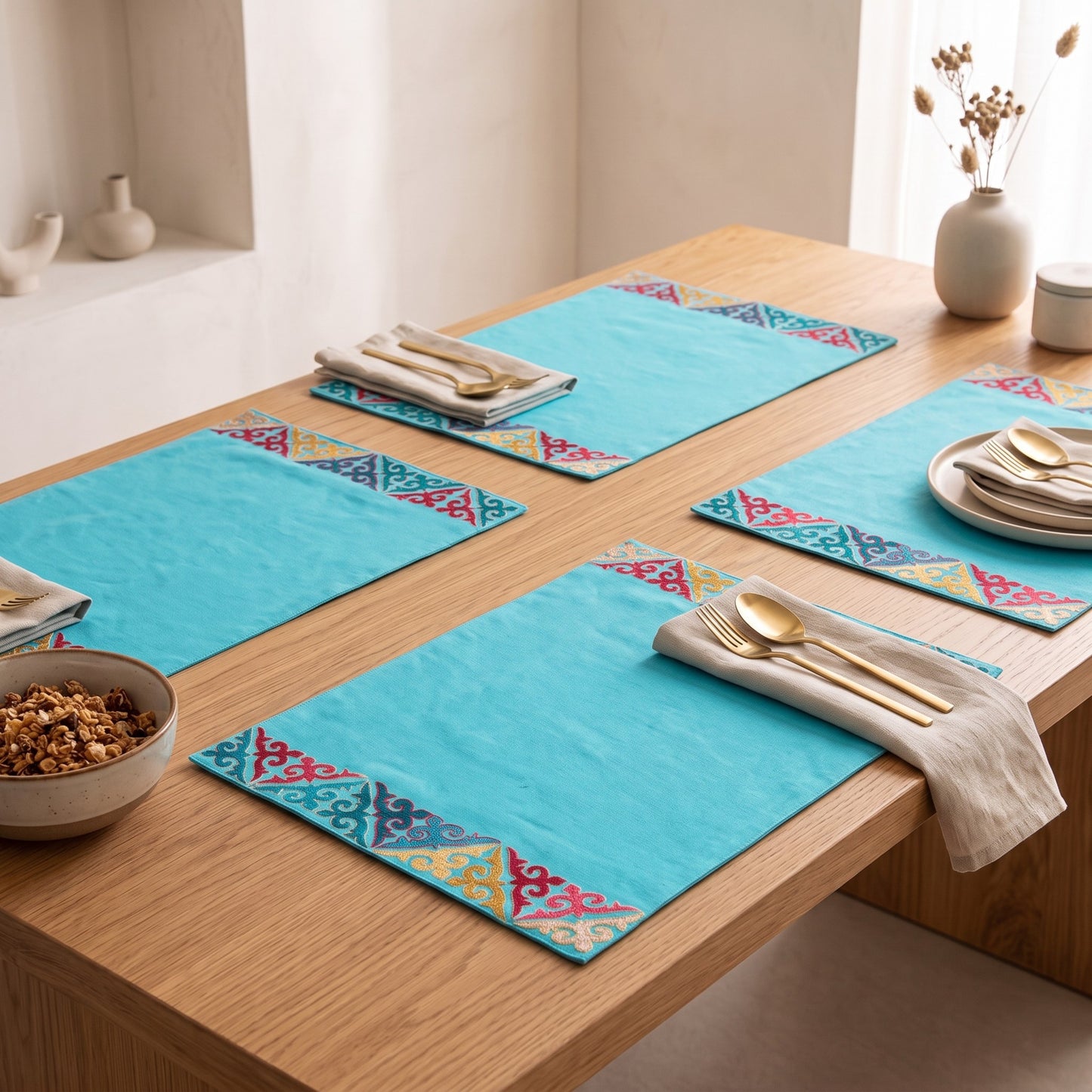 Kashidakaari Turquoise Placemat | Embroidered Geometric Border | Shyrdak-Inspired | 100% Cotton