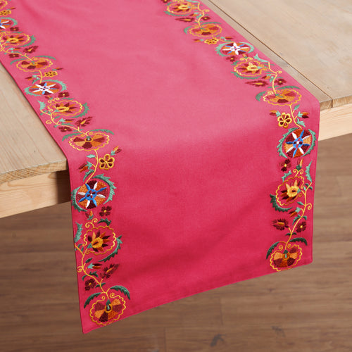 KASHIDAKAARI - Coral Red Table runner, embroidered floral suzani pattern
