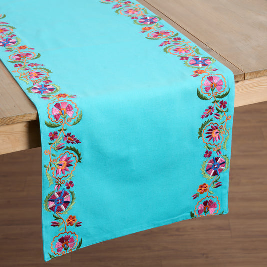 KASHIDAKAARI - Turquoise Table runner, embroidered floral suzani pattern