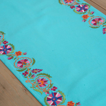 KASHIDAKAARI - Turquoise Table runner, embroidered floral suzani pattern
