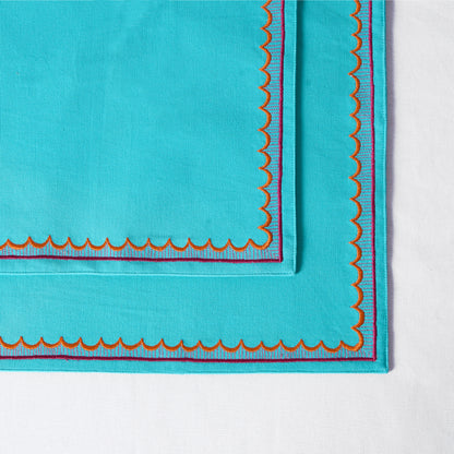 KASHIDAKAARI - Turquoise, scallop pattern, embroidered placemats
