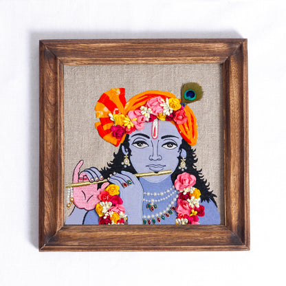 KRISHNA WALL ART - on Embroidery Hoop or wooden frame, linen with bright colours