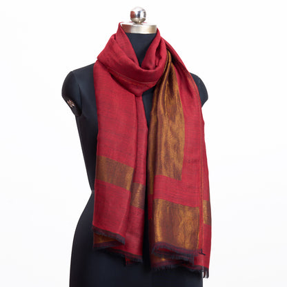 RED fine wool with gold zari scarf, reversible autumn winter stole