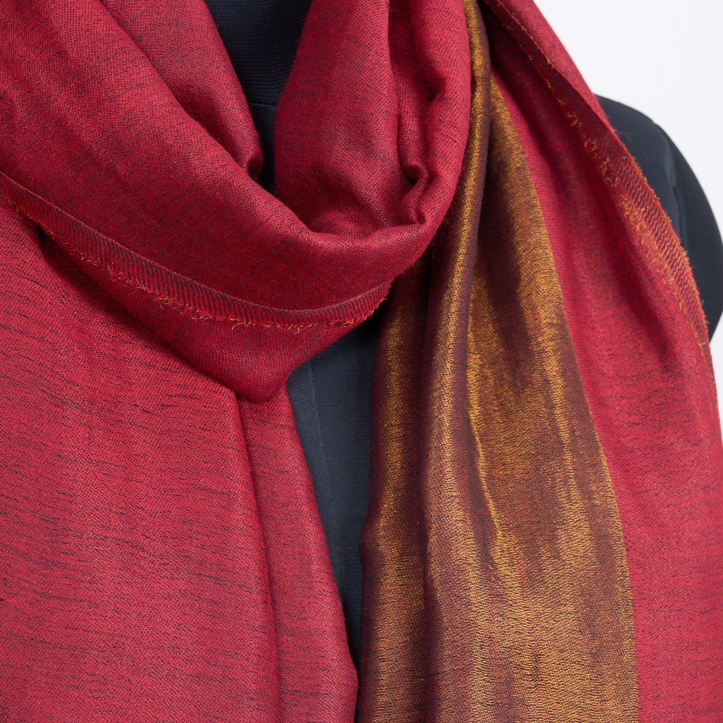 RED fine wool with gold zari scarf, reversible autumn winter stole