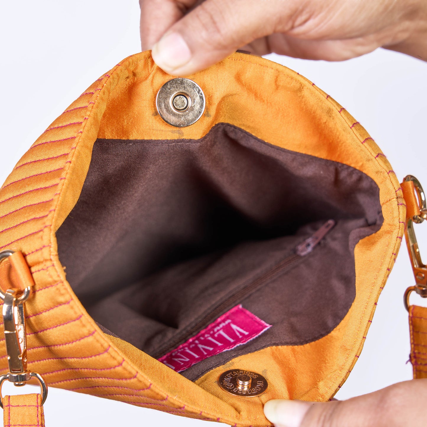 Faux Silk Tangerine Sling Bag - Quilted, Stripe Pattern – 8x10 Inches | Faux Silk Strap