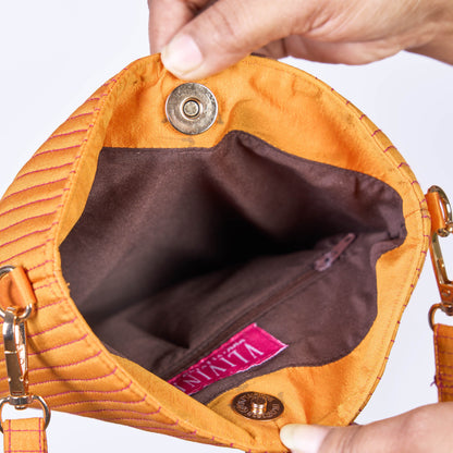 Faux Silk Tangerine Sling Bag - Quilted, Stripe Pattern – 8x10 Inches | Faux Silk Strap