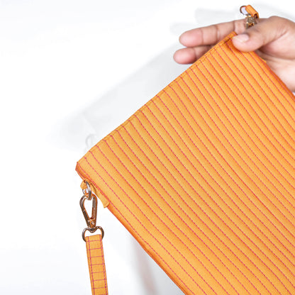 Faux Silk Tangerine Sling Bag - Quilted, Stripe Pattern – 8x10 Inches | Faux Silk Strap