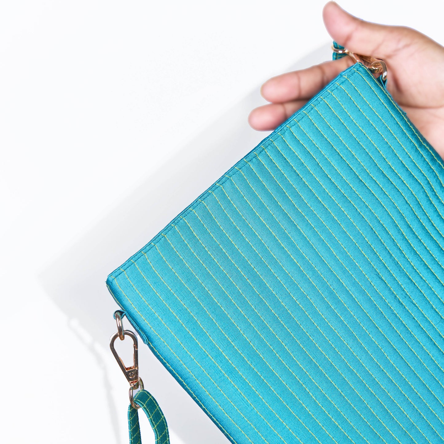 Faux Silk Turquoise Sling Bag - Quilted, Stripe Pattern – 8x10 Inches | Faux Silk Strap