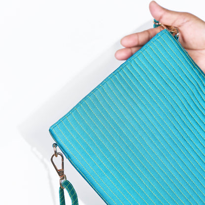 Faux Silk Turquoise Sling Bag - Quilted, Stripe Pattern – 8x10 Inches | Faux Silk Strap