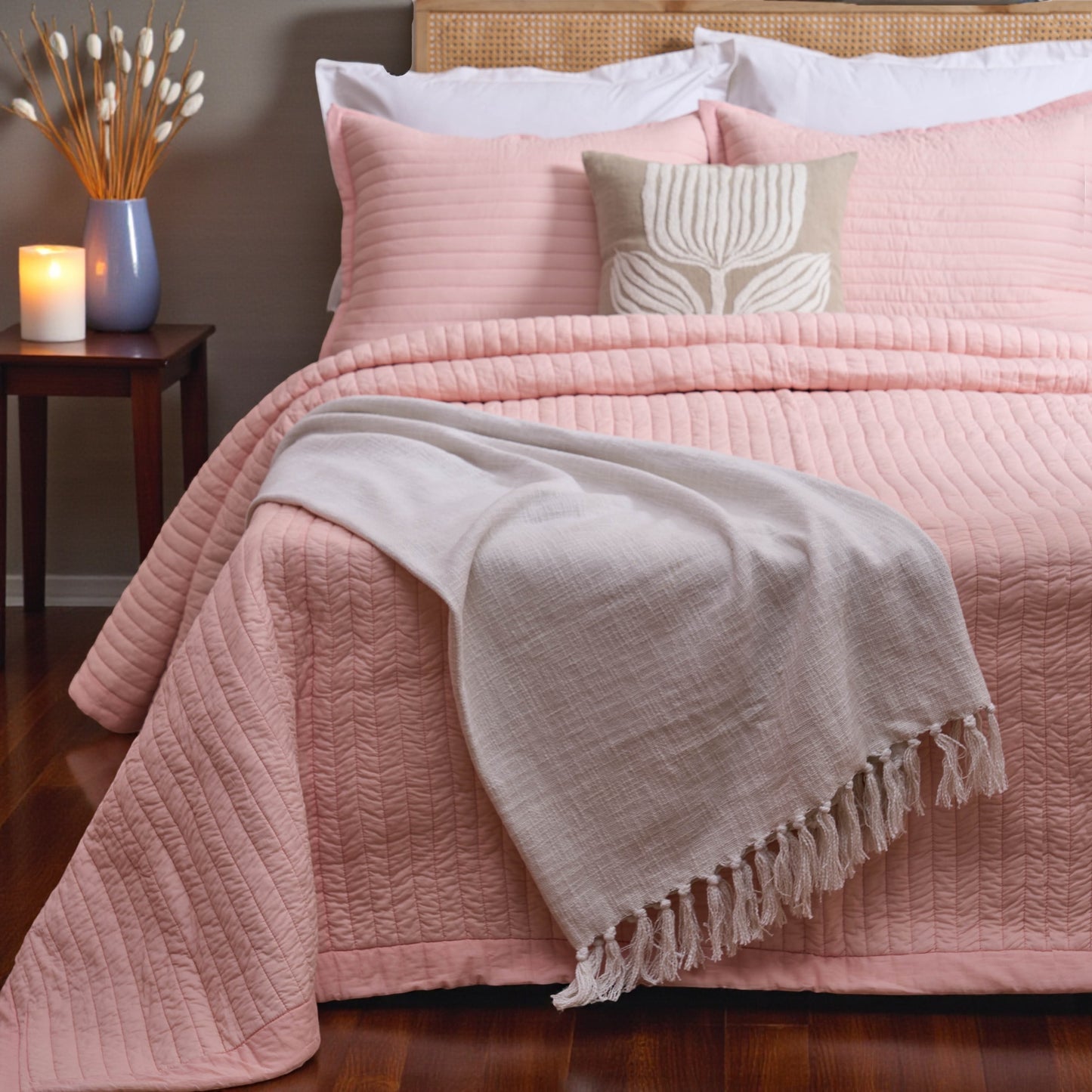 BLUSH cotton Quilt with stripe quilting and border, Sizes available