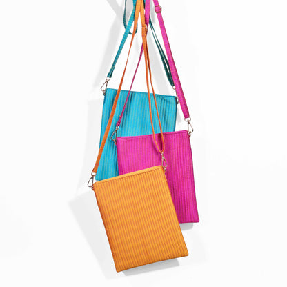 Faux Silk Bright Pink Sling Bag - Quilted, Stripe Pattern – 8x10 Inches | Faux Silk Strap