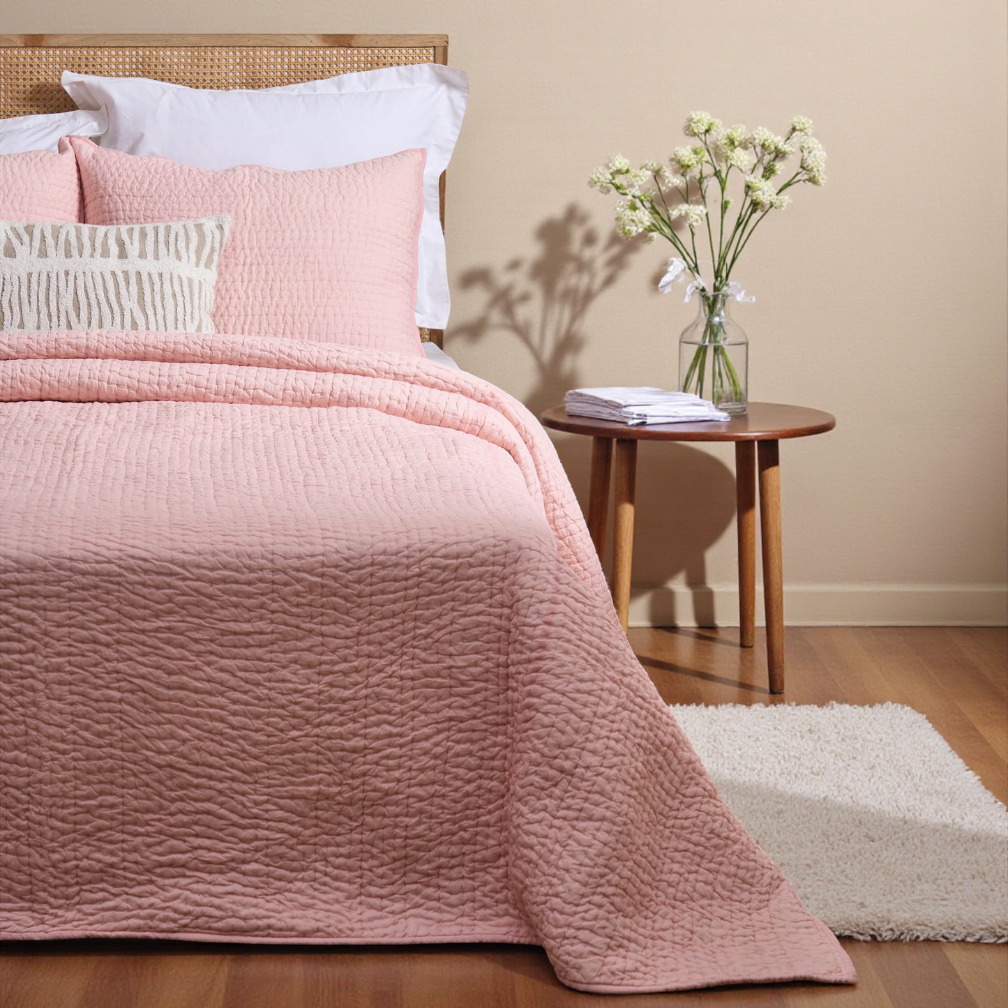 BLUSH colour handmade Kantha cotton Quilted bed set, Sizes available