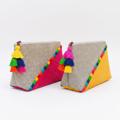 Yellow Colour Block Linen & Velvet Boho Clutch | Embroidered | Handmade Tassel | 9×6"