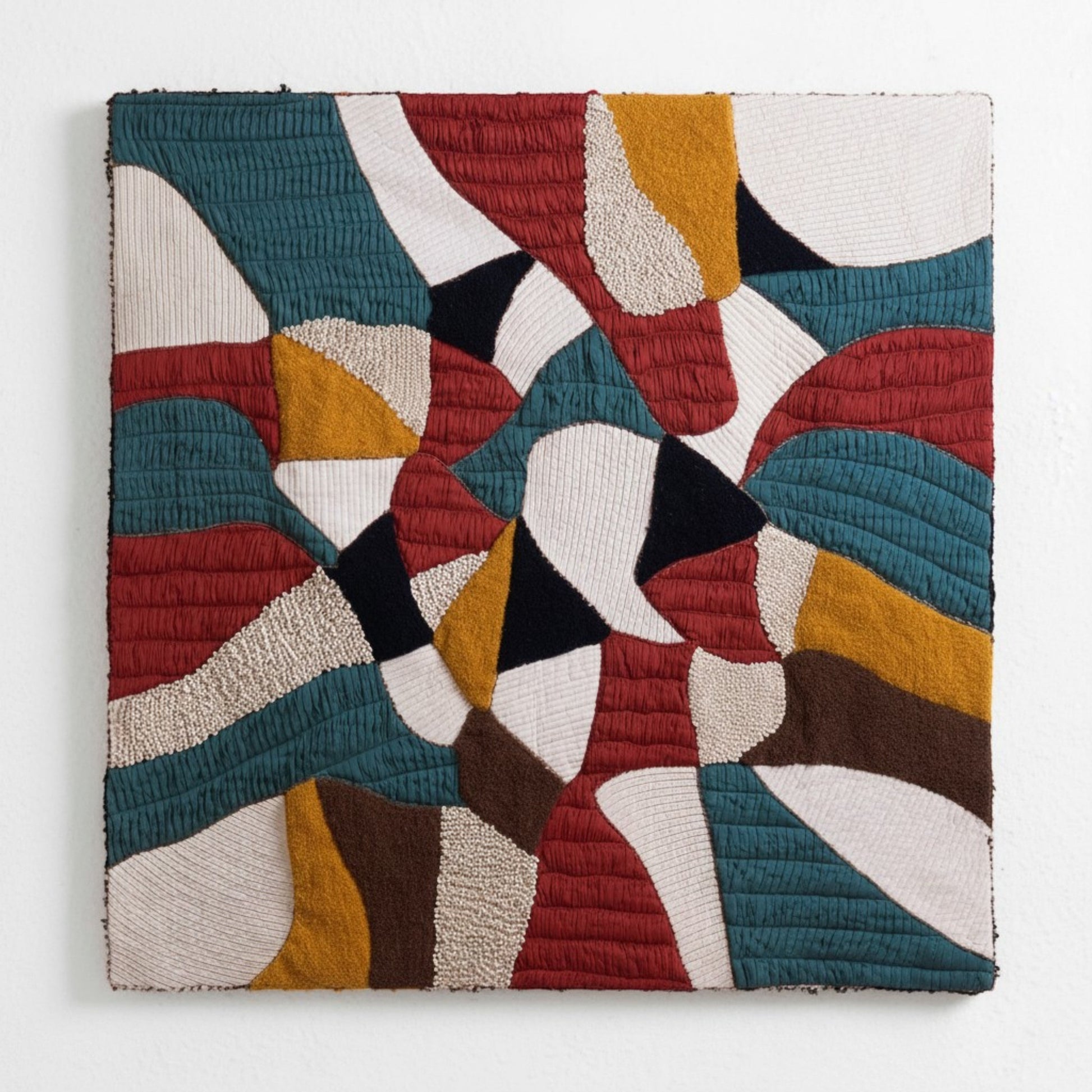 Vliving abstract patchwork textile wall art with teal, red, mustard gold, ivory, black, and brown textured fabrics.