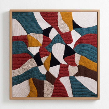 Vliving abstract patchwork textile wall art with teal, red, gold, ivory, black, and brown textured fabric.