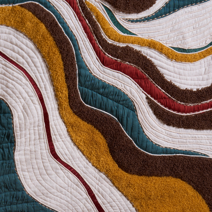 Vliving abstract textile wall art with wavy bands of teal, red, mustard gold, brown, and ivory. Mixed media with bouclé and embroidery.
