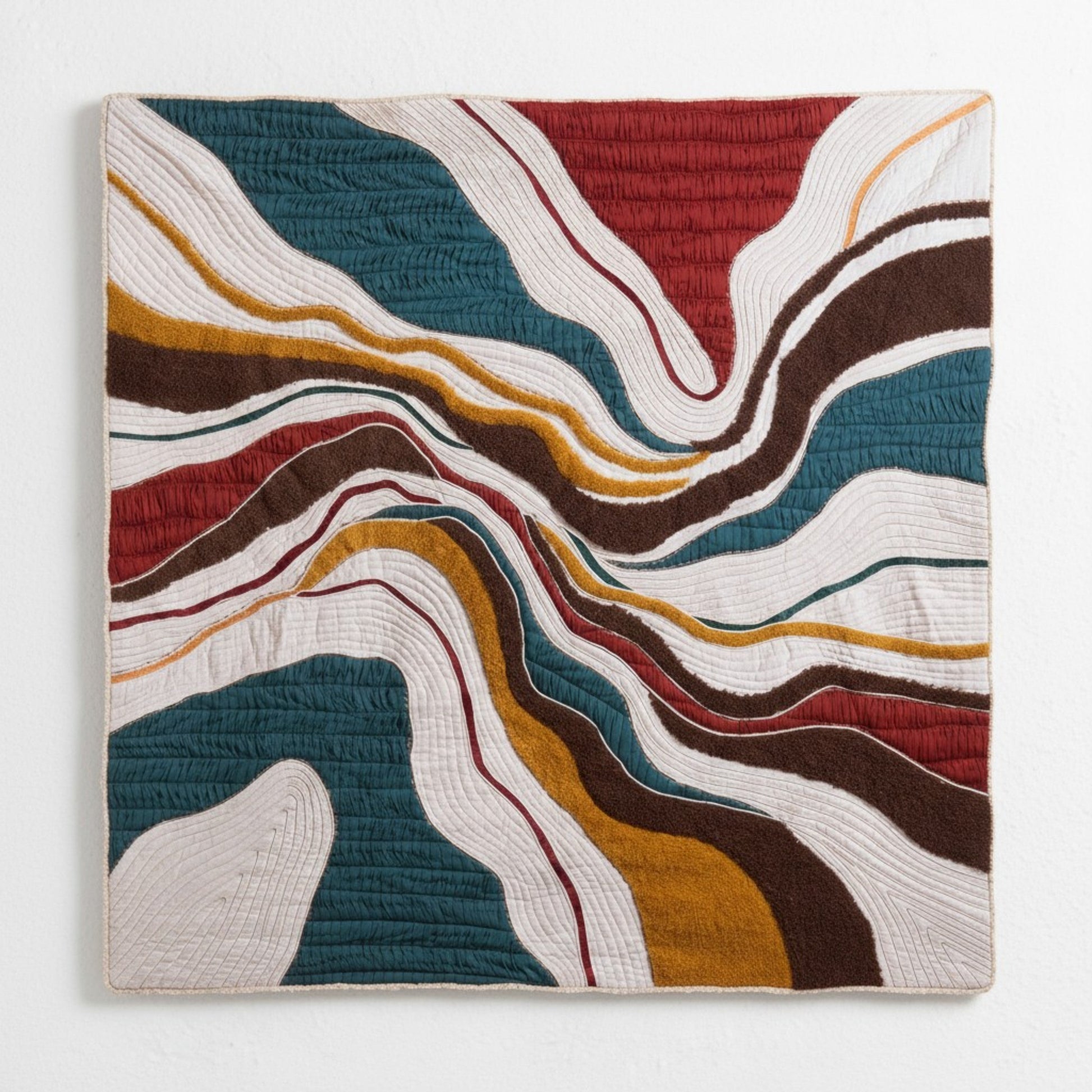 Vliving abstract textile wall art with wavy, layered patterns in teal, red, mustard, ivory, black, and brown.