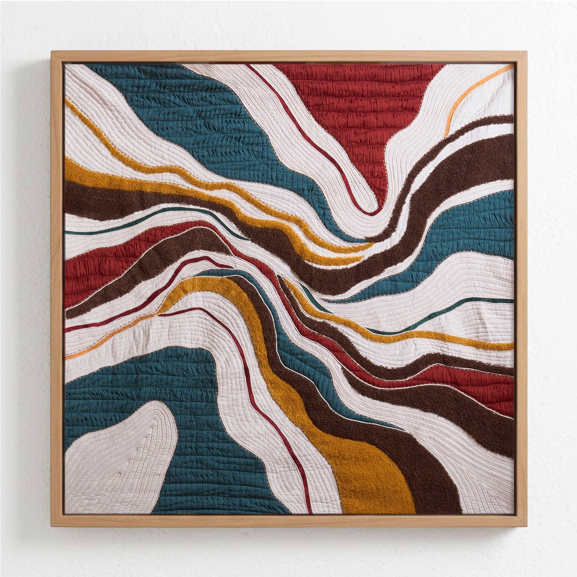 Vliving abstract textile wall art with wavy textured bands in teal, red, mustard, ivory, black, and brown.