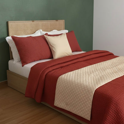 Vliving diamond quilted faux silk bed runner in beige with embroidered pillow cover. Red bedspread.