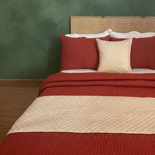 Vliving beige diamond quilted faux silk bed runner set with embroidered pillow cover
