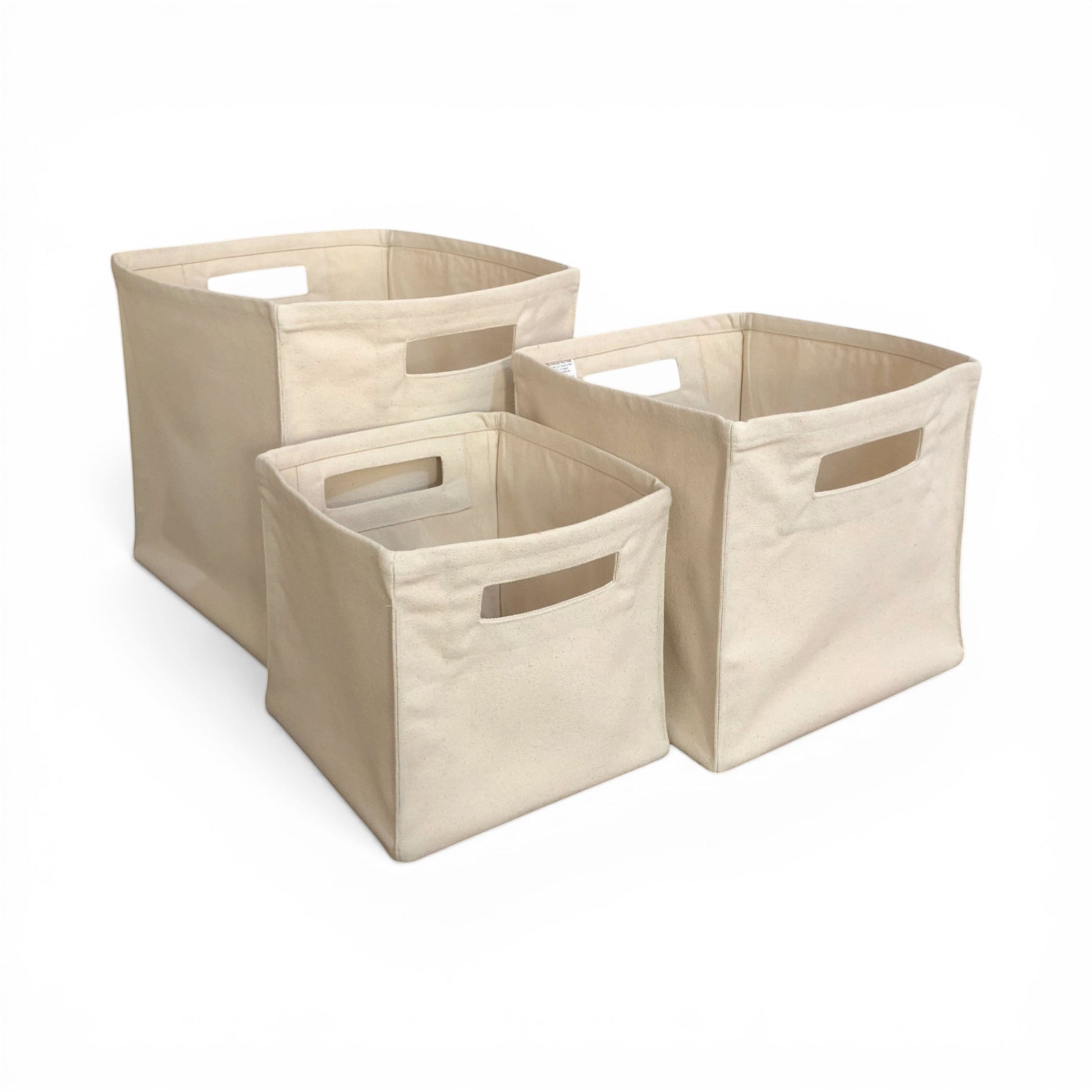 Vliving natural cotton canvas storage baskets with cut-out handles, set of 3 in varying sizes.