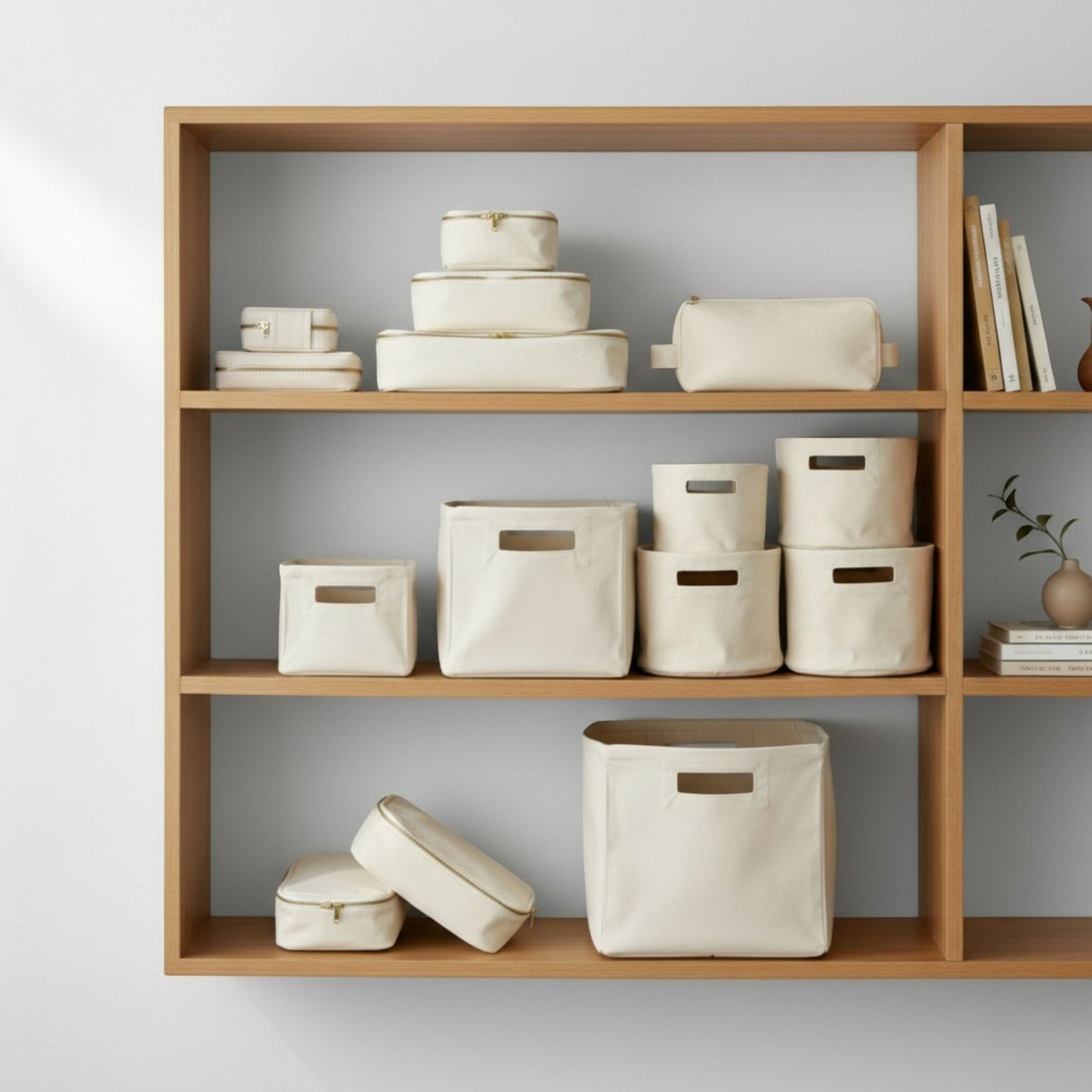 Vliving natural cotton canvas storage baskets with cut-out handles and gold zippers on wooden shelves.