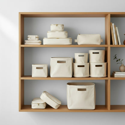 Vliving natural cotton canvas storage baskets with cut-out handles and gold zippers on wooden shelves.