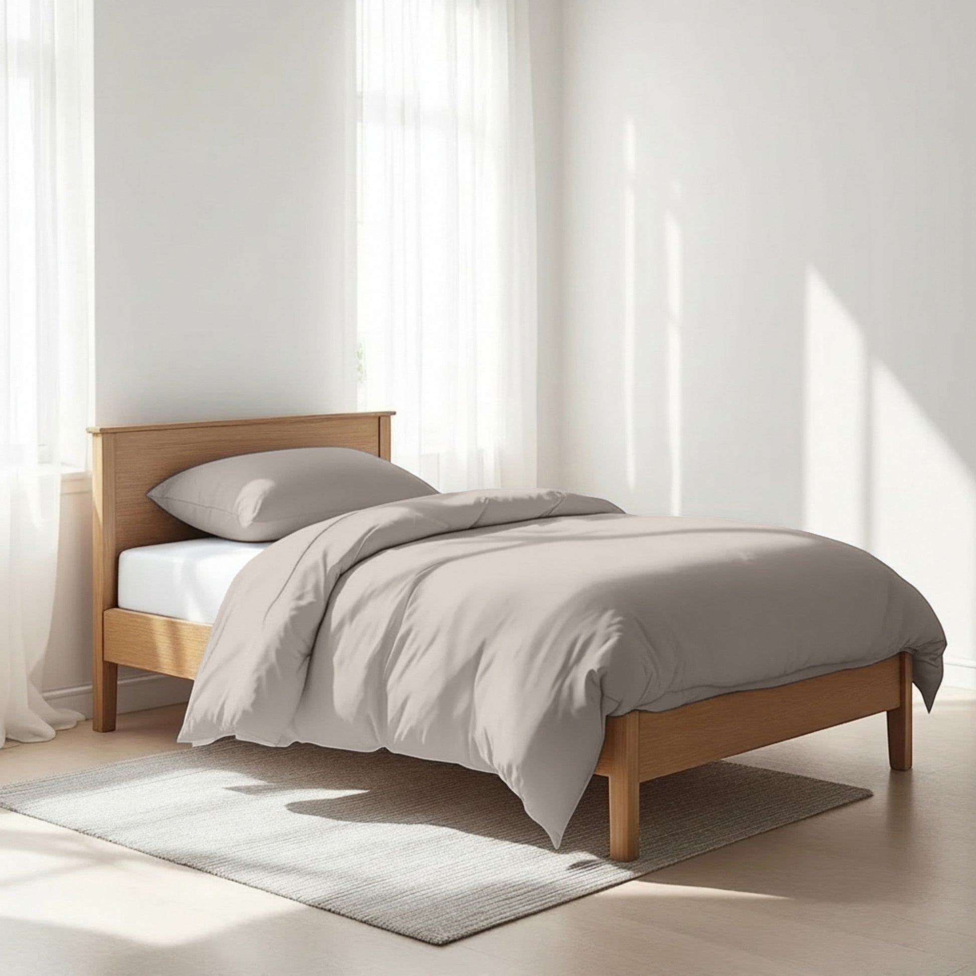 Vliving CONCRETE GREY 300TC Cotton Duvet Cover Set with Pillowcases on a wooden bed frame.