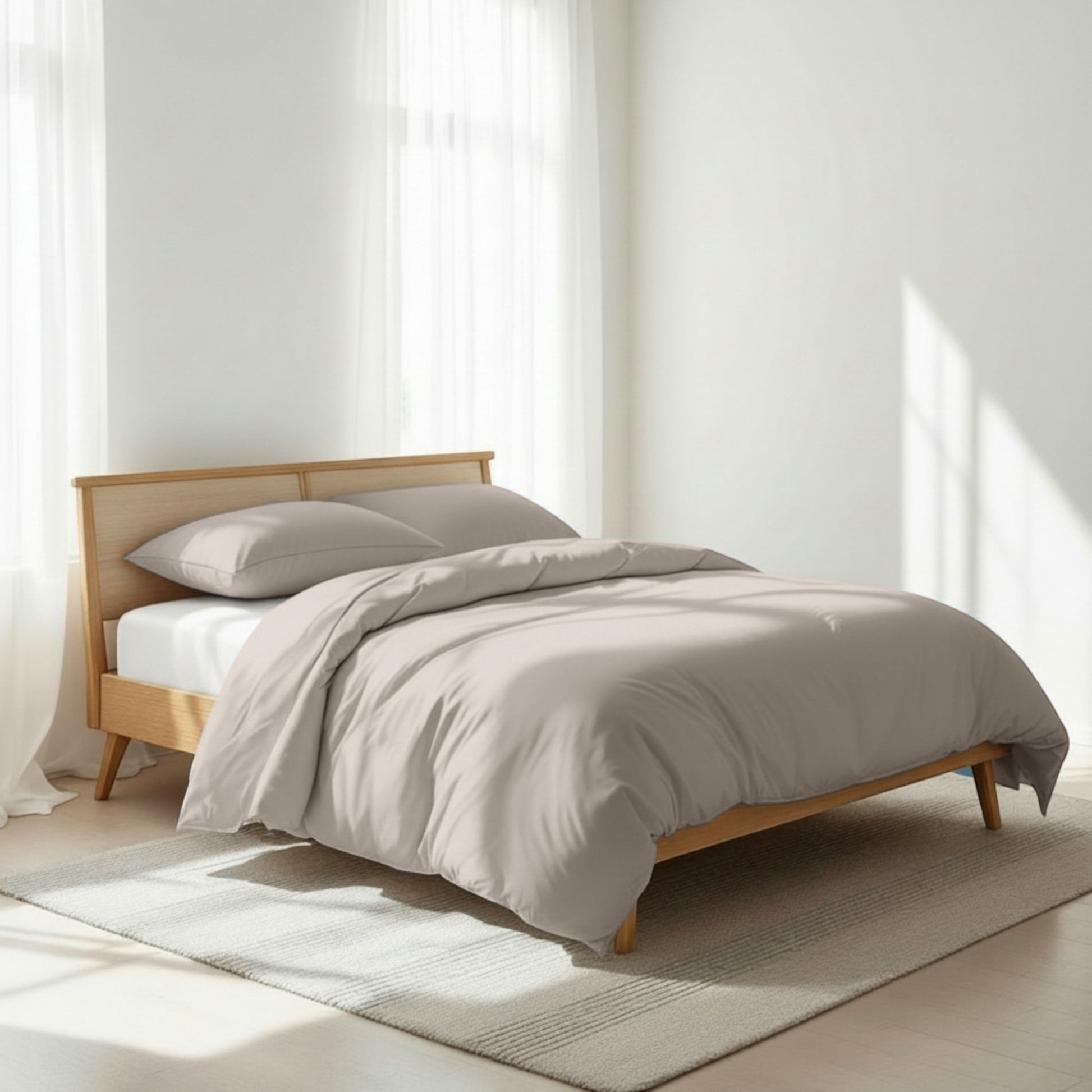 Vliving concrete grey 300TC cotton duvet cover set with pillowcases on a wooden bed.