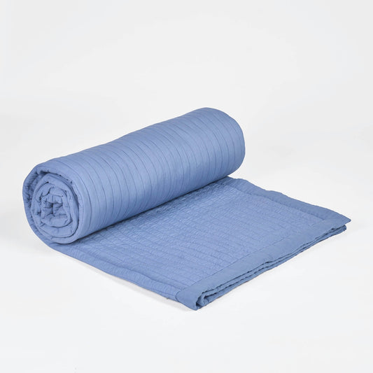 Vliving denim blue cotton voile quilted bed blanket with stripe pattern and border. Soft and cozy for all seasons.