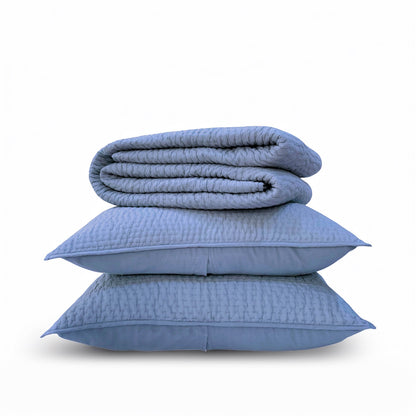 Vliving denim blue cotton voile hand quilted bedding set with stripe pattern and two pillow covers.