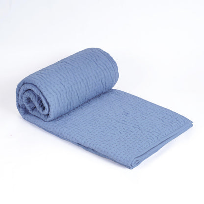 Vliving denim blue cotton voile hand quilted bedding set with stripe pattern and pillow covers.