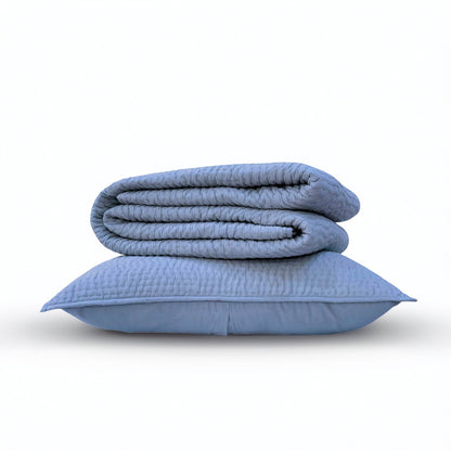 Vliving denim blue cotton voile hand quilted bedding set with stripe pattern and pillow cover.