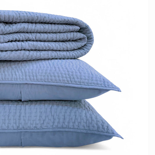 Vliving denim blue cotton voile hand quilted bedding set with stripe pattern and pillow covers.