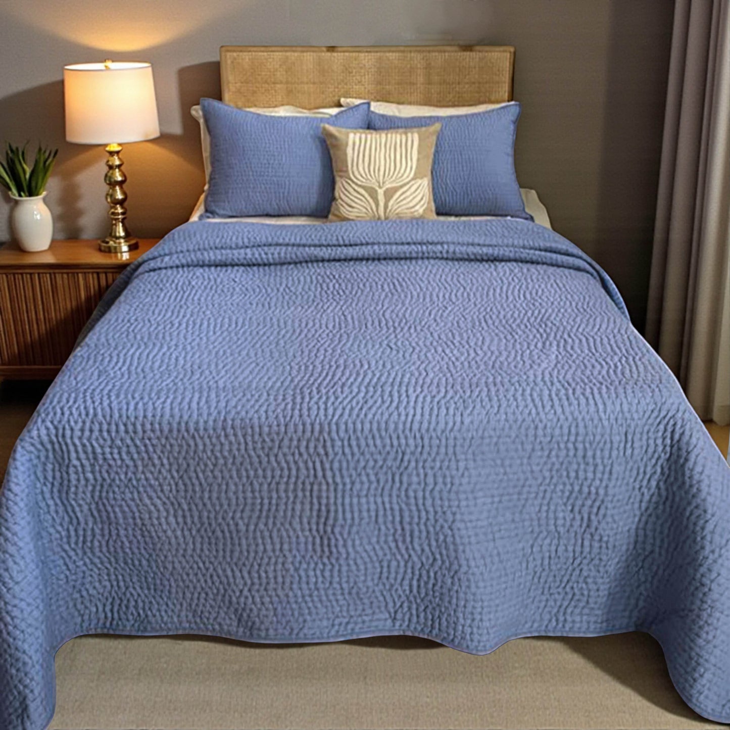 Vliving Denim blue cotton voile hand quilted bedding set with stripe pattern and pillow covers.