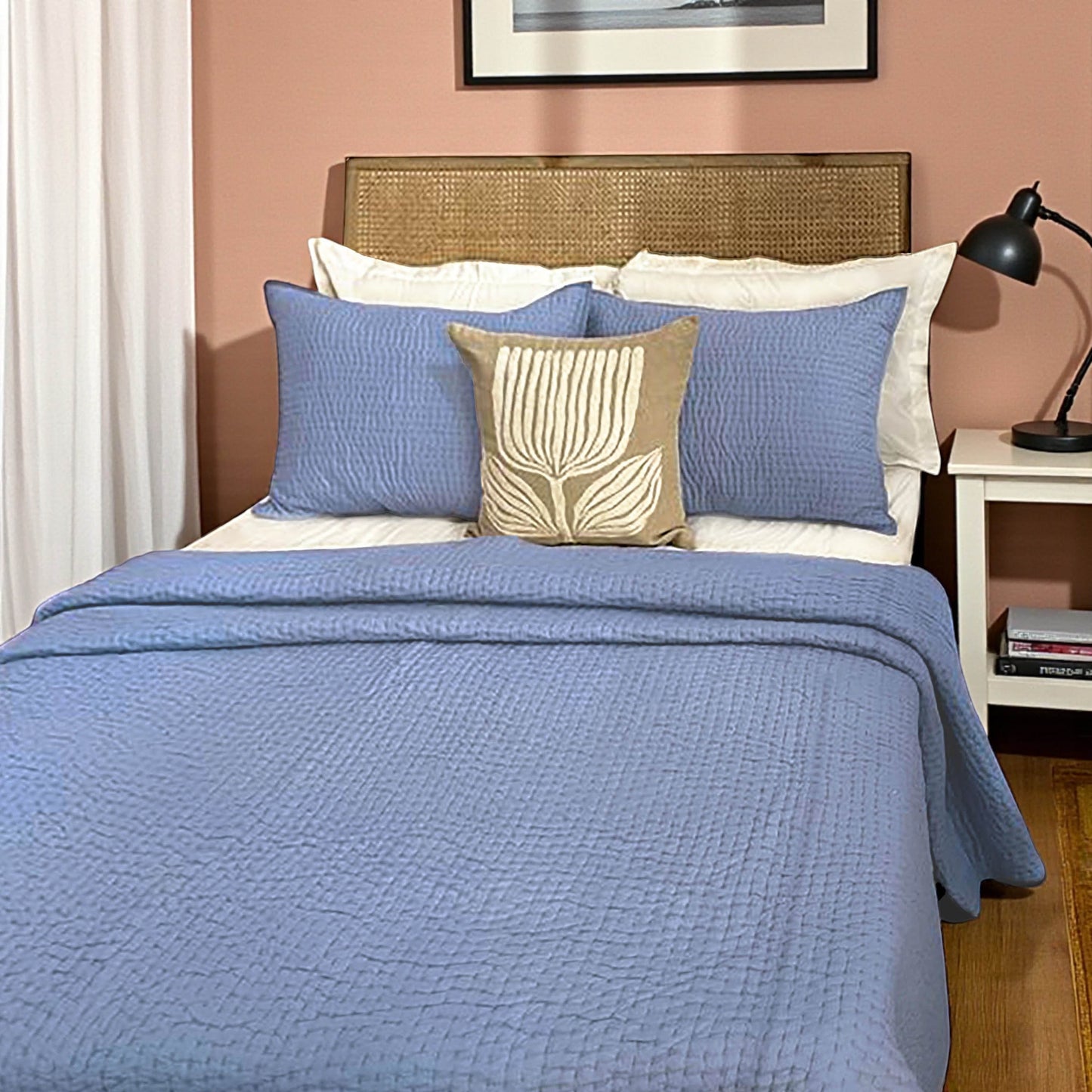 Vliving Denim Blue Hand Quilted Cotton Voile Bedding Set with Stripe Pattern and Pillow Covers