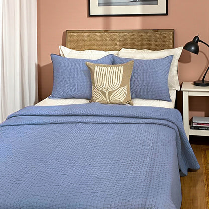 Vliving Denim Blue Hand Quilted Cotton Voile Bedding Set with Stripe Pattern and Pillow Covers