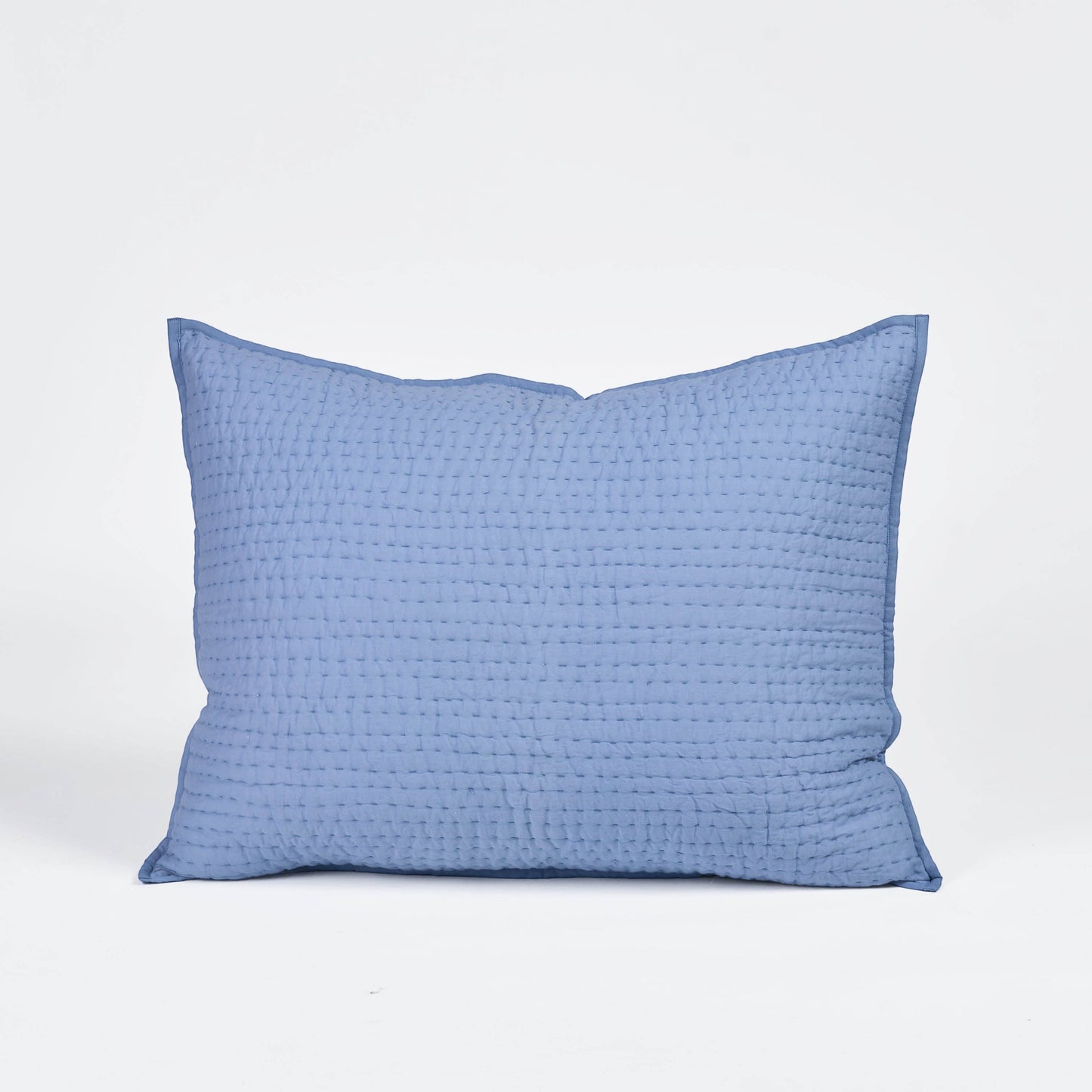 Vliving denim blue cotton voile pillow cover with hand-quilted stripe pattern. Soft and cozy.