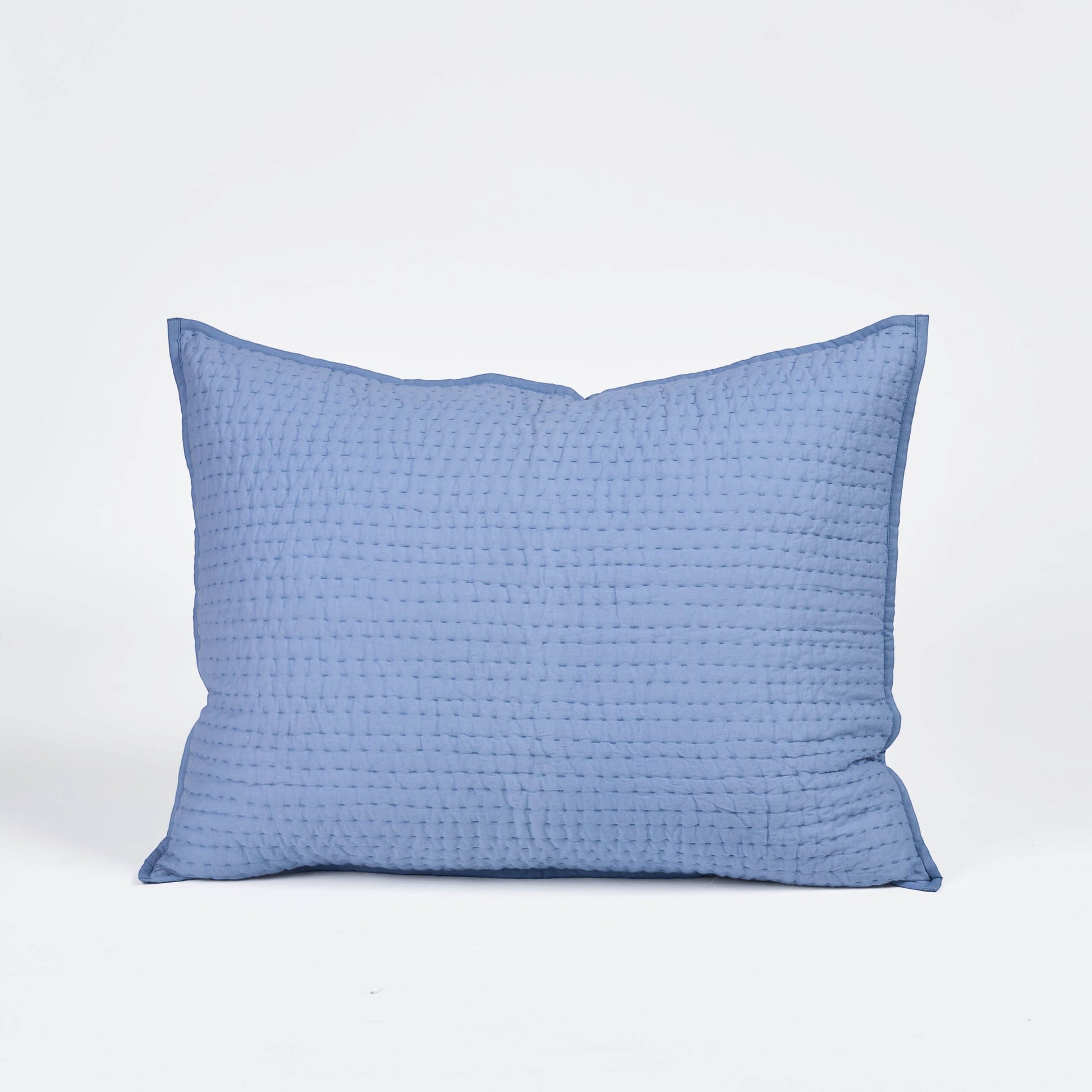 Vliving denim blue cotton voile pillow cover with hand-quilted stripe pattern. Soft and cozy.