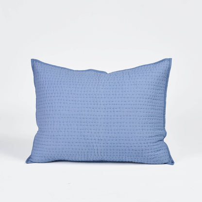Vliving denim blue cotton voile pillow cover with hand-quilted stripe pattern. Soft and cozy.