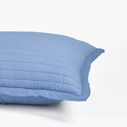 Vliving denim blue quilted cotton voile pillow cover with stripe pattern and tie closure.