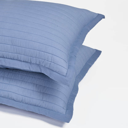 Vliving denim blue quilted cotton voile pillow cover with stripe pattern and tie closure.