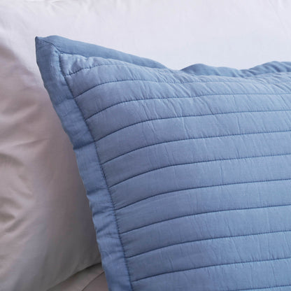 Vliving denim blue quilted cotton voile pillow cover with stripe pattern and tie closure.
