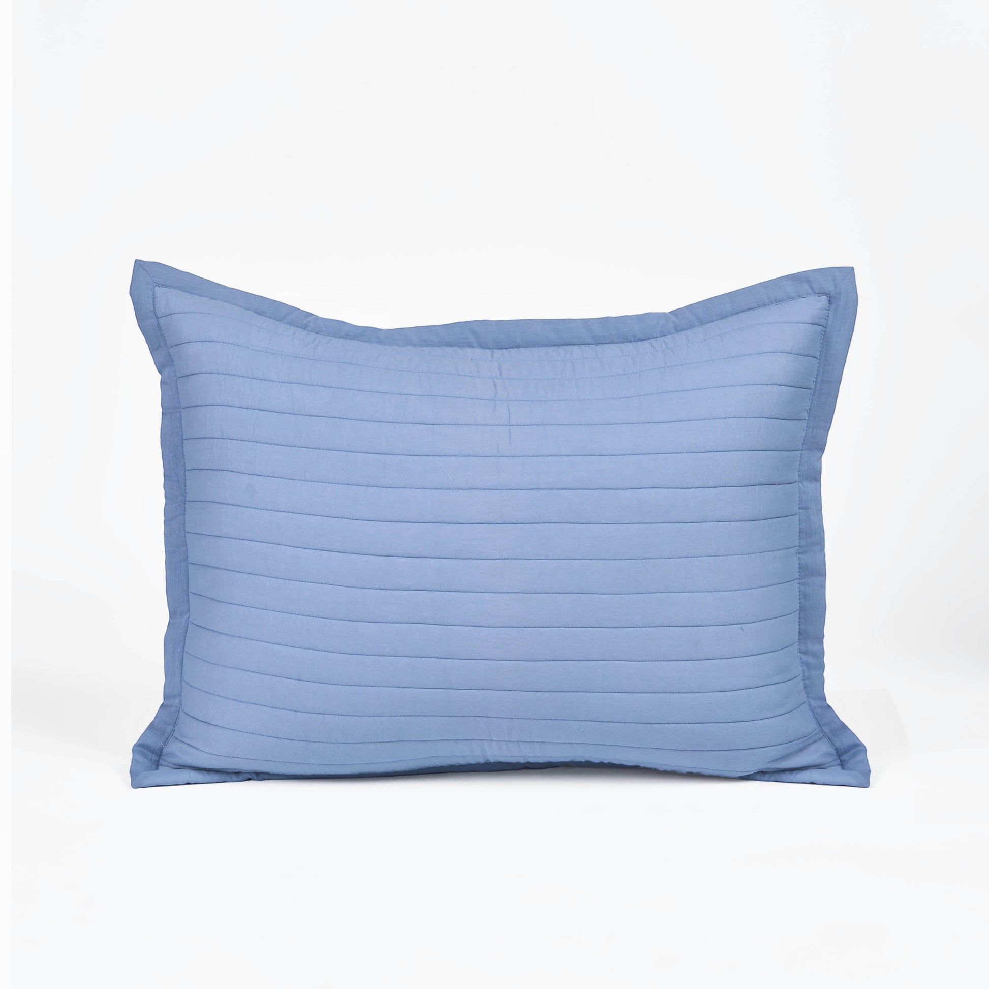 Vliving denim blue quilted pillow sham with stripe quilting and border. Made of cotton voile.
