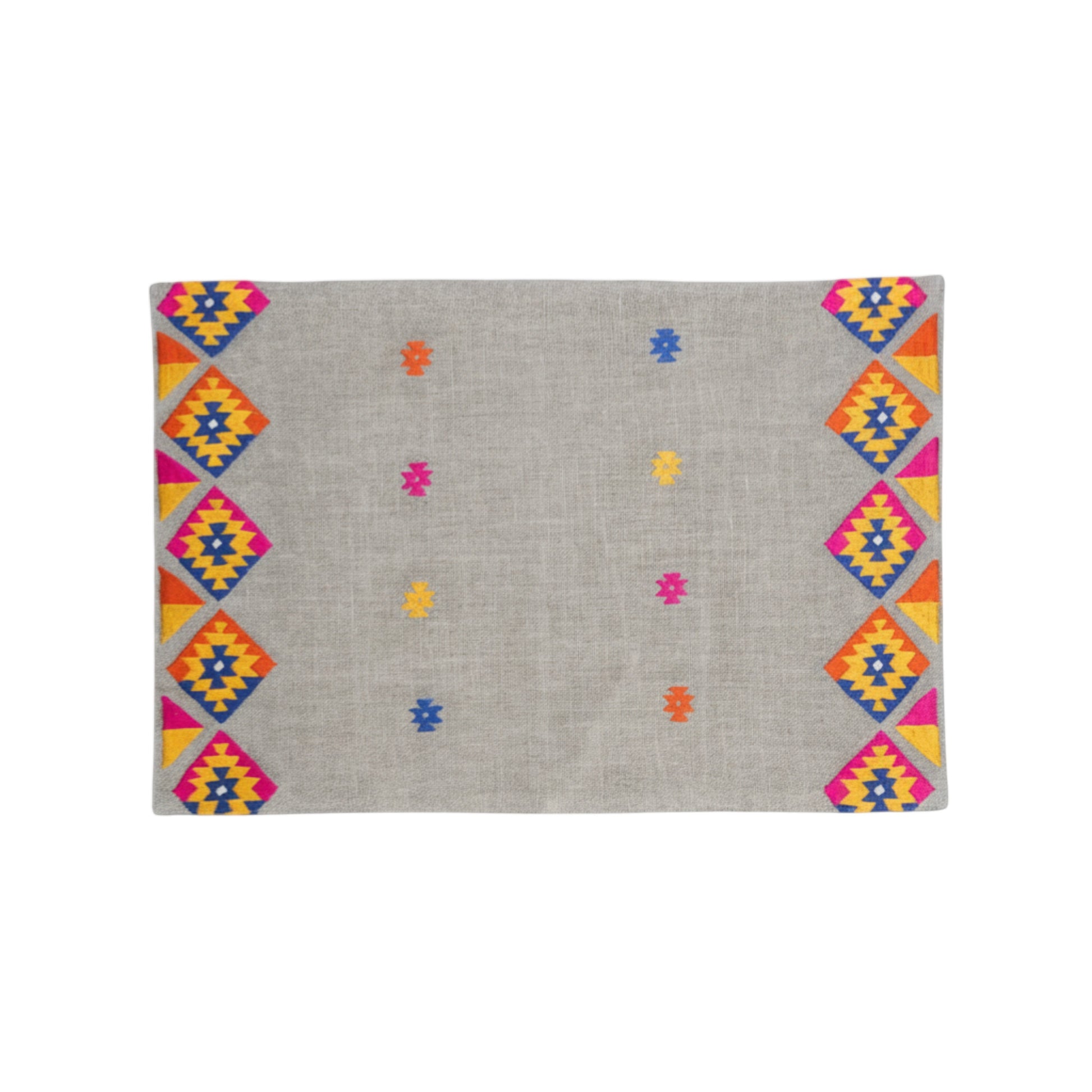 Vliving grey linen table mat with multicolour kilim embroidery and geometric diamond pattern
