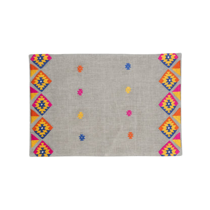 Vliving grey linen table mat with multicolour kilim embroidery and geometric diamond pattern