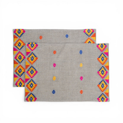 Vliving grey linen table mats with multicolour kilim embroidery and geometric diamond pattern