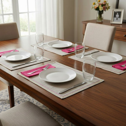Vliving FOLK embroidered linen placemats with multicolour silk thread rice stitch embroidery. Set of 6.