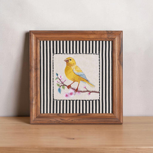 BOTANICAL - Framed Embroidered Canary Yellow Bird Wall Art