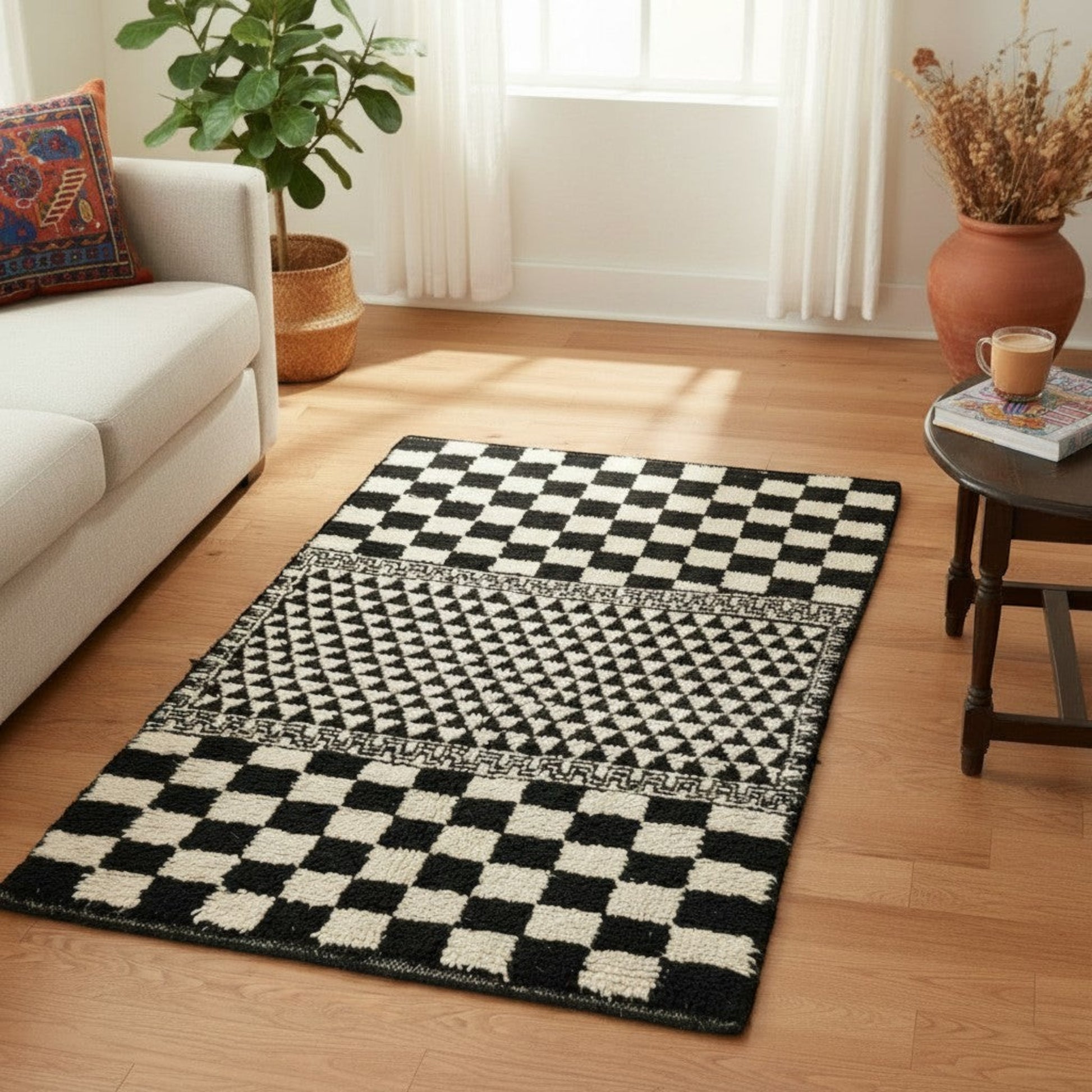 Vliving Moroccan hand-knotted wool blend carpet in black and white with geometric patterns and checkerboard design.